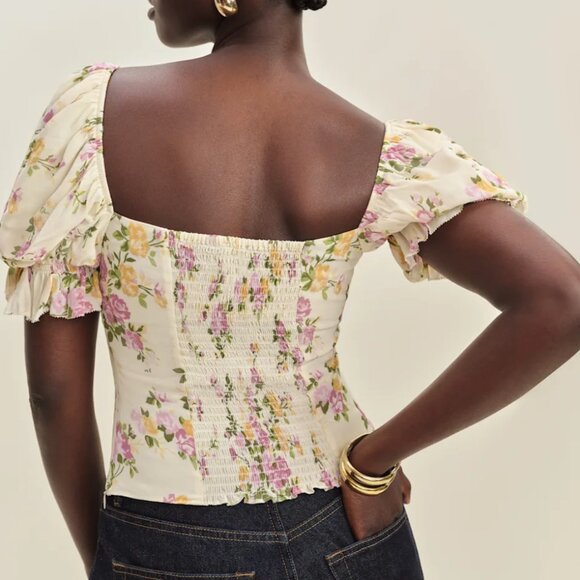 ✨ SALE  Reformation Marin Top Sz6 Posy Cream Blush Floral French Blouse - Picture 4 of 10